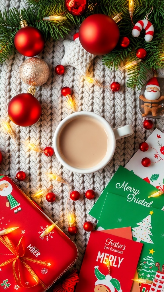 A flat lay of Christmas decorations, hot cocoa, and holiday cards on a cozy blanket.